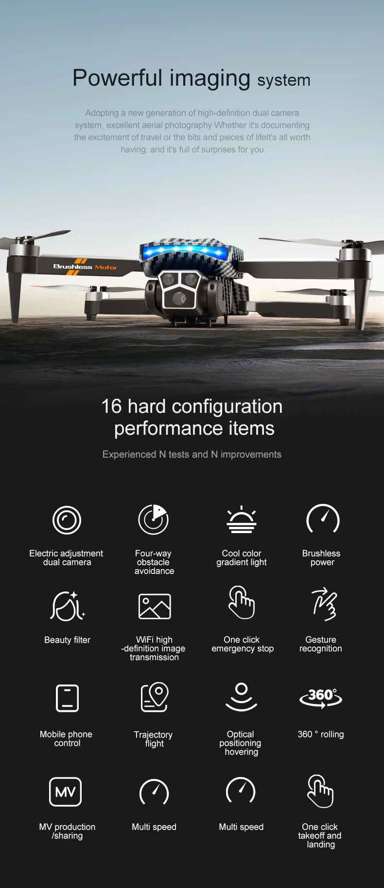 The D9 drone is equipped with gradient LED streamer,brushless motor,EIS electronic stabilization system,2.4GHz anti-interference