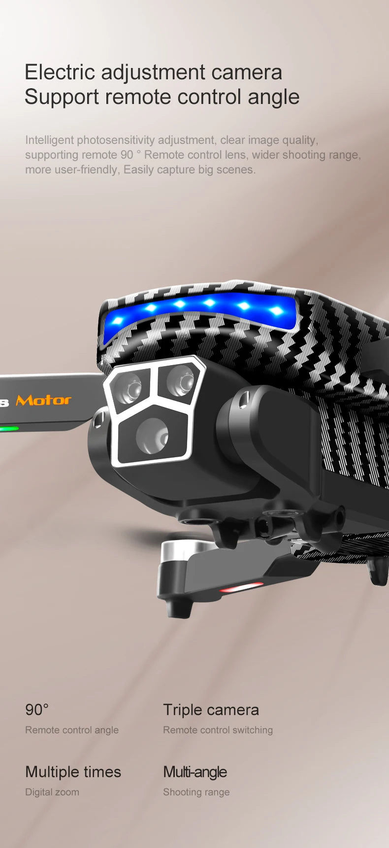 The D9 drone is equipped with gradient LED streamer,brushless motor,EIS electronic stabilization system,2.4GHz anti-interference