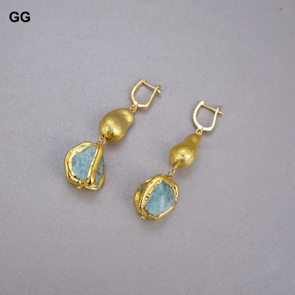 GuaiGuai Jewelry Natural Blue Amazonites Rough Nugget With Electroplated Edge Bracelet Dangle Hook Earrings Sets For Women
