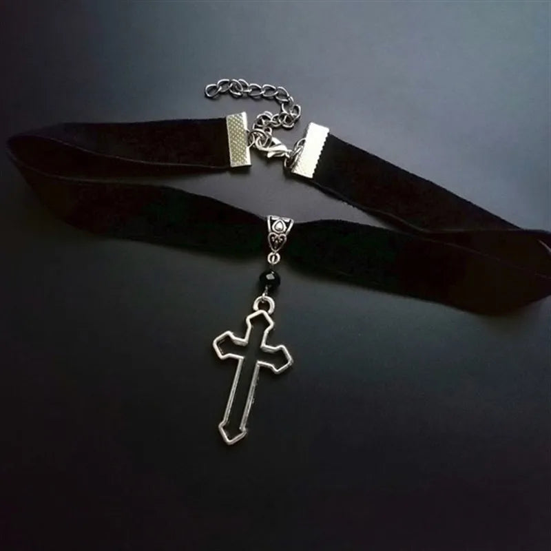 Choker with Silver Tone Cross with Punk Gorgeous Alternative Jewellery Pendant Necklace Wide Statement Charm Women Gift Harajuku