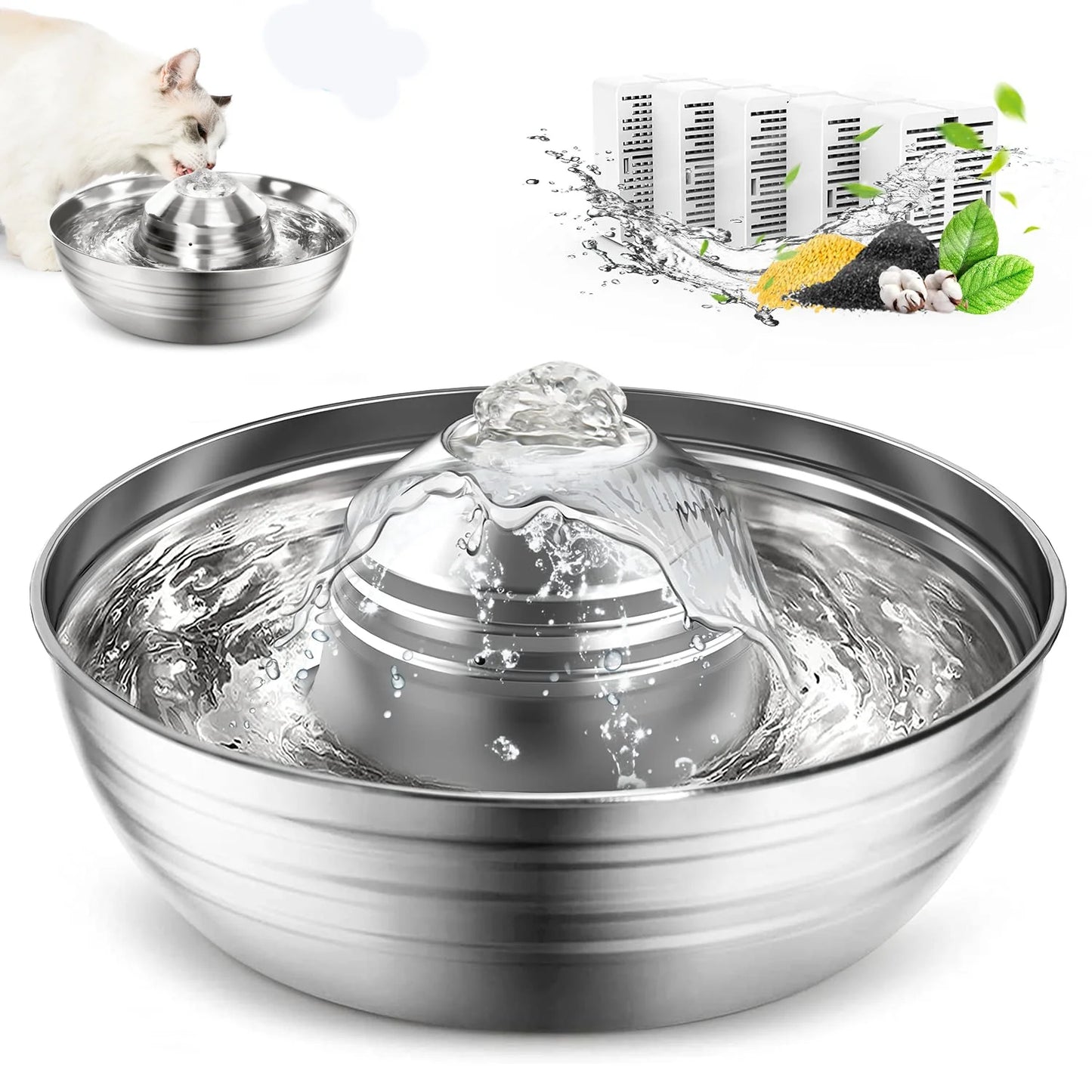 Cat Water Fountain Automatic Pet Dog Feeder Stainless Steel Water Dispenser Drinking Bowl with Ultra Quiet Pump Carbon Filters