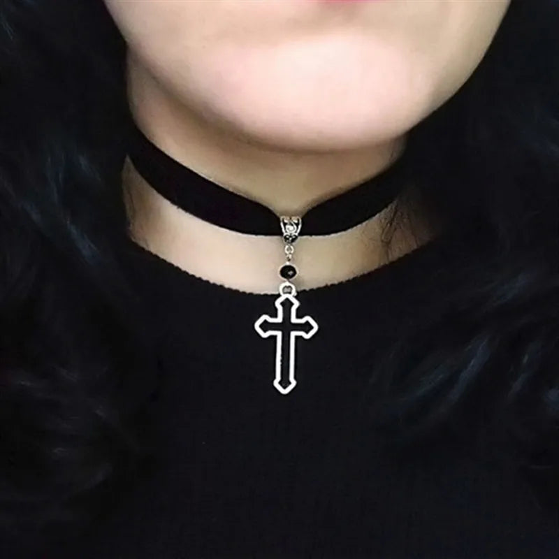 Choker with Silver Tone Cross with Punk Gorgeous Alternative Jewellery Pendant Necklace Wide Statement Charm Women Gift Harajuku