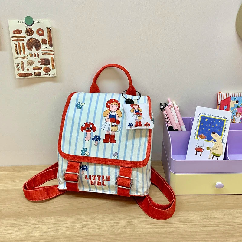 Wholesale Cute Girl Cartoon Canvas School Backpack Fashionable Candy Color Kid's Mochilas with Zipper Closure