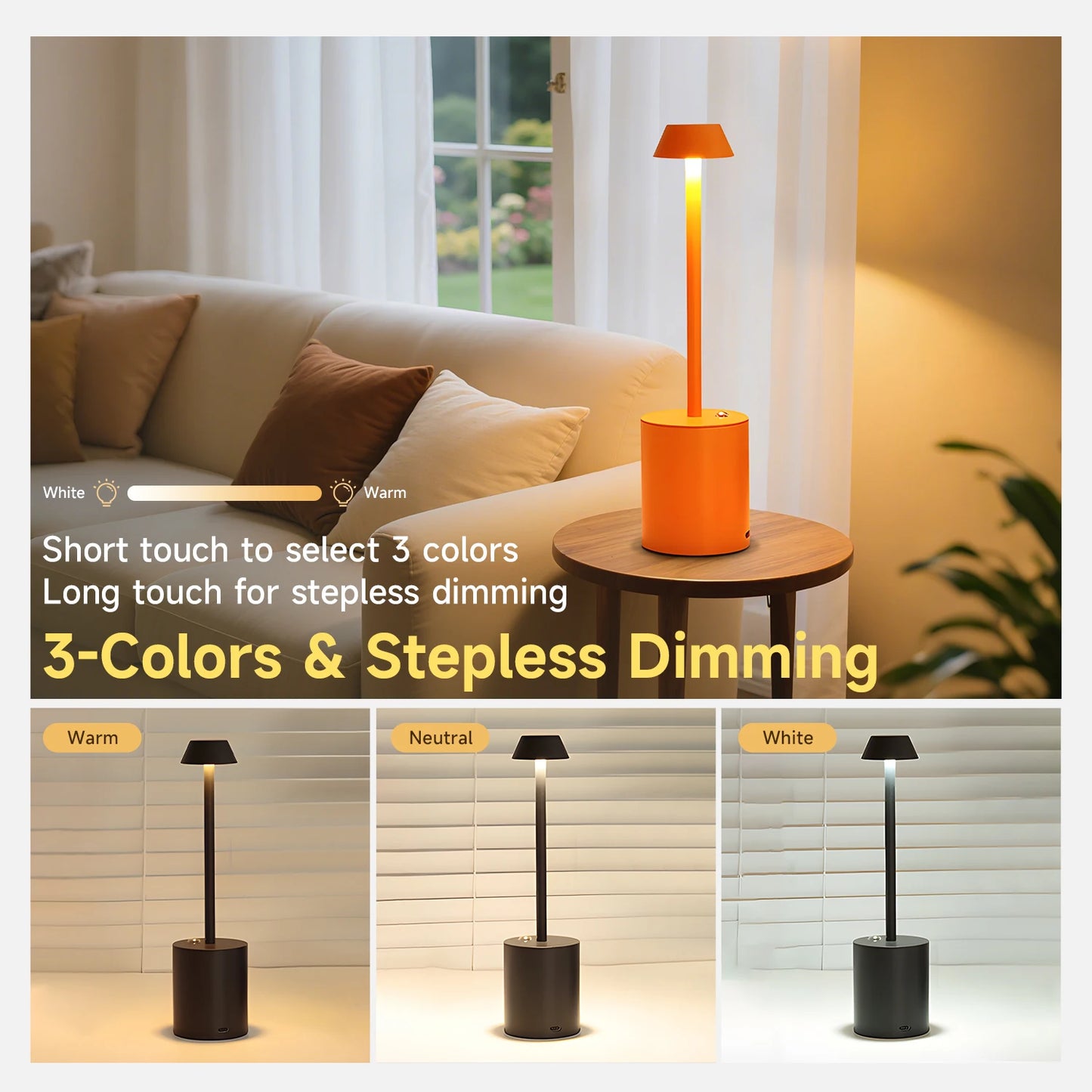 USB Rechargeable LED Table Light Modern Touch Lamp for Indoors & Outdoors Cone Shade Bedrooms Homes Cordless Restaurants Bars