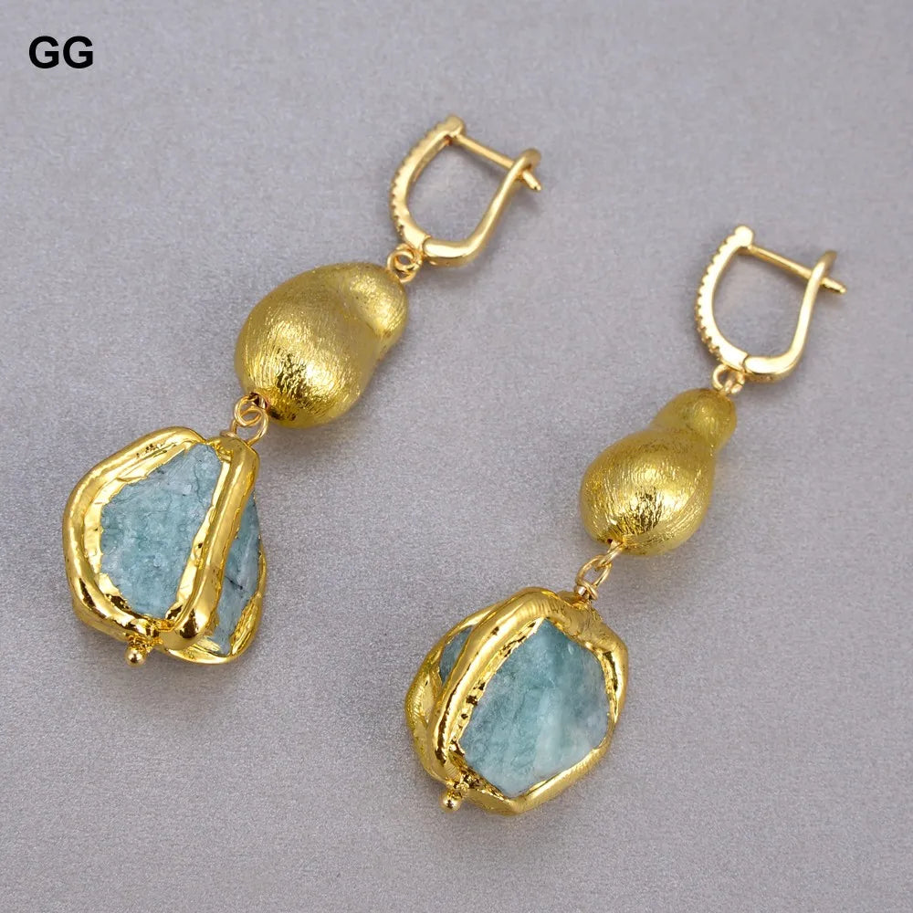 GuaiGuai Jewelry Natural Blue Amazonites Rough Nugget With Electroplated Edge Bracelet Dangle Hook Earrings Sets For Women