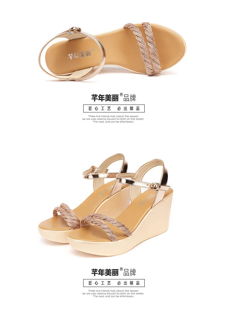 Small Size 32-43 Bling Silver Gold Wedding Shoes Women High Heels Summer 2024 Elegant Platform Sandals Wedges for Office Party