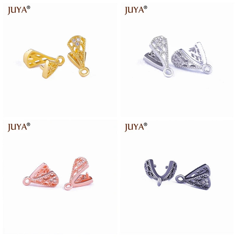 Juya Copper Inlaid Zircon Pinch Bails DIY Supplies For Jewelry Wholesale Crystal Pendant Clip Clasps Clamping Bale Accessories