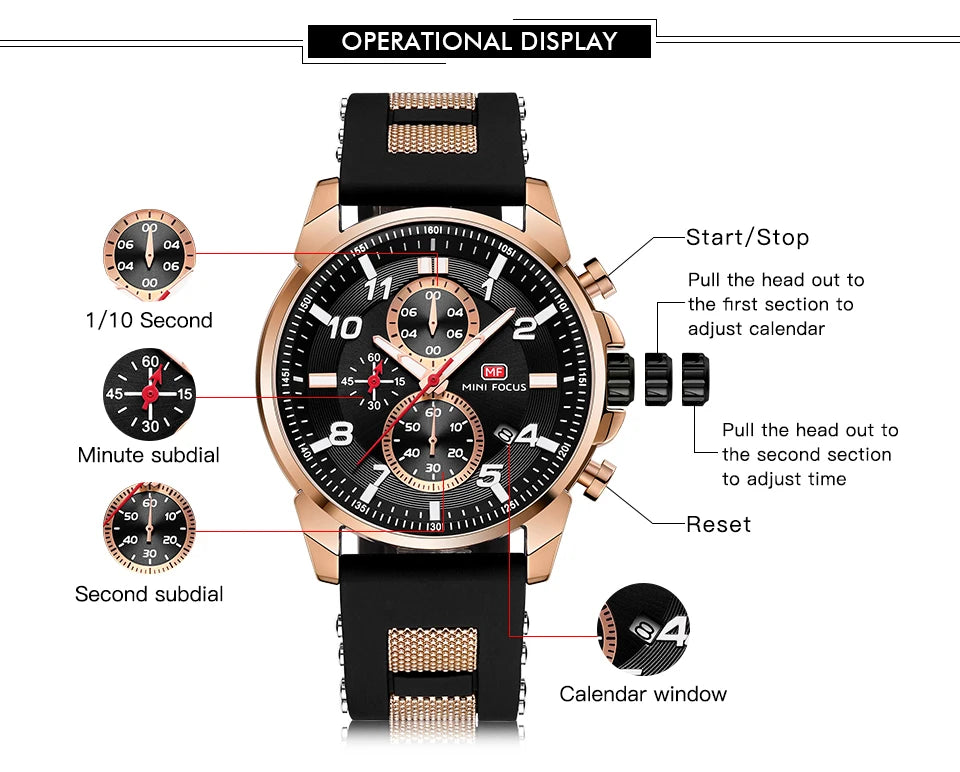 MINI FOCUS Chronograph Quartz Watches Men Blue Silicone Army Sport Top Brand LuxuryWristwatch Man Relogios Masculino Clock 0268