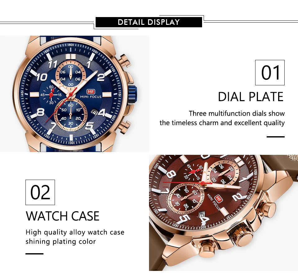 MINI FOCUS Chronograph Quartz Watches Men Blue Silicone Army Sport Top Brand LuxuryWristwatch Man Relogios Masculino Clock 0268