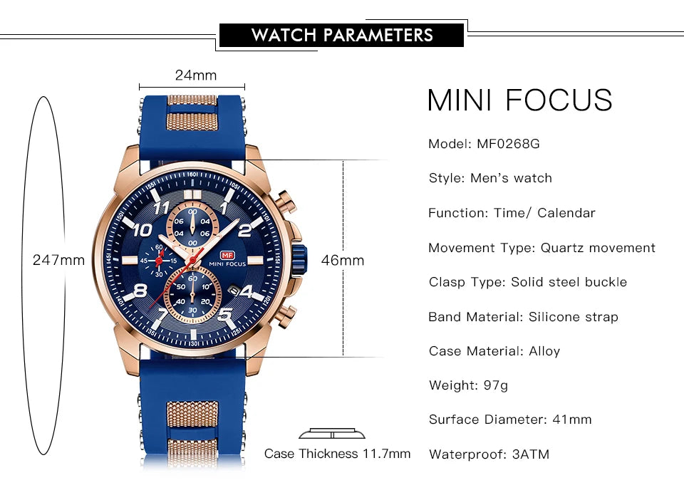 MINI FOCUS Chronograph Quartz Watches Men Blue Silicone Army Sport Top Brand LuxuryWristwatch Man Relogios Masculino Clock 0268