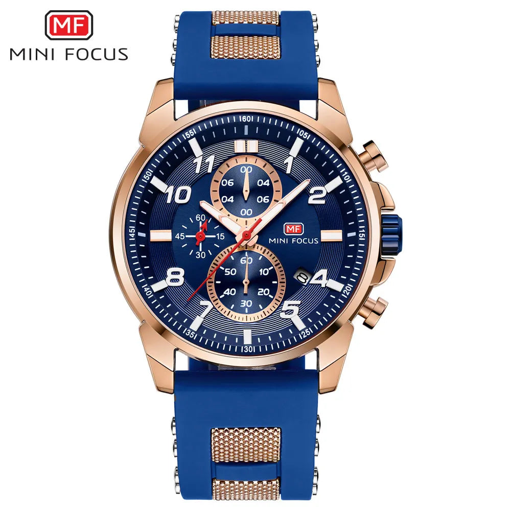 MINI FOCUS Chronograph Quartz Watches Men Blue Silicone Army Sport Top Brand LuxuryWristwatch Man Relogios Masculino Clock 0268