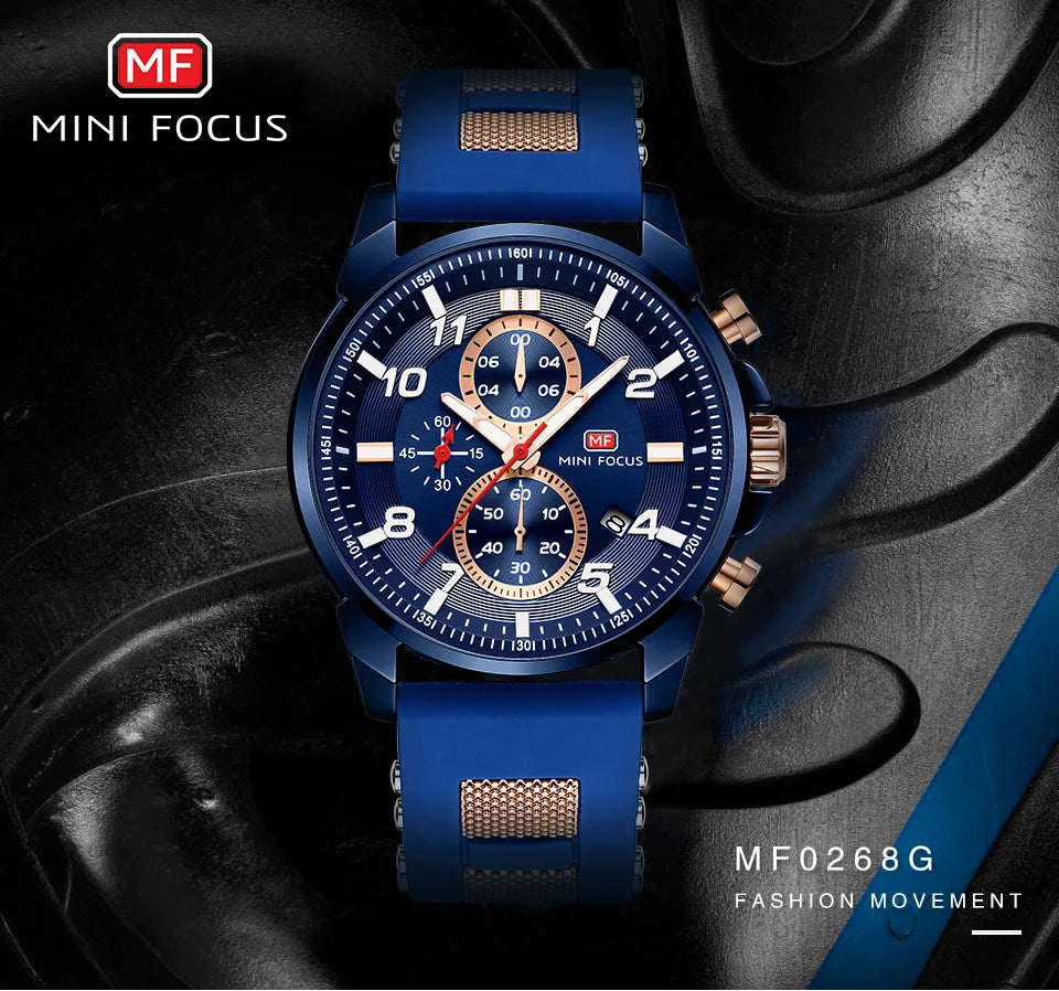 MINI FOCUS Chronograph Quartz Watches Men Blue Silicone Army Sport Top Brand LuxuryWristwatch Man Relogios Masculino Clock 0268