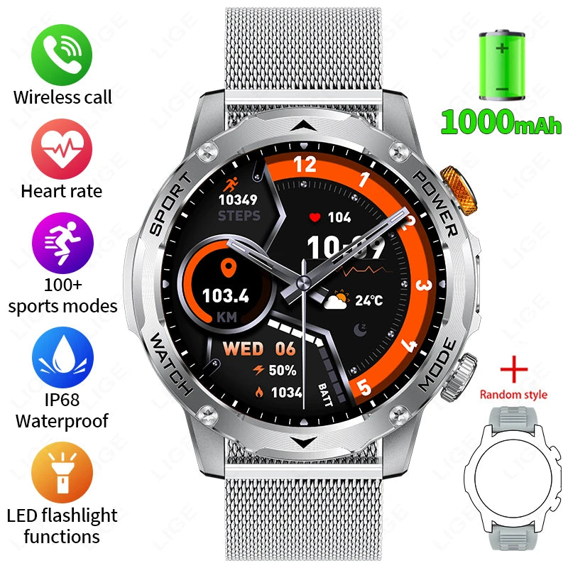LIGE New 1000mAh Big Battery Smart Watch Men LED Flashlight BT Call IP68 Waterproof Men Watches Spots Smartwatch For Android ios