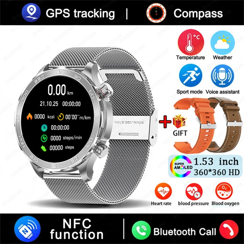2025 New GPS Bluetooth Call Smart Watch Men AMOLED HD Screen Heart Rate NFC IP68 Waterproof Sports Smart Watch For Android iOS