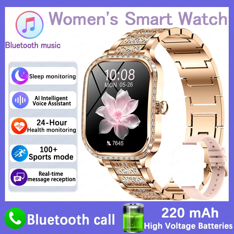 New Fashion Women Smart Watch 1.75inch Curved Screen Sports Bracelet BT HD Calling Clock IP68 Waterproof Diamond Case Smartwatch