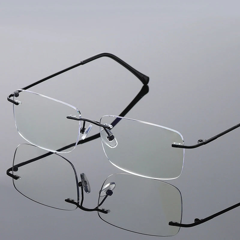 Men's Anti Blue Light Blocking Reading Glasses Cut Frameless Metal HD Lens Eyewear Women Prescription Presbyopic Glasses +400