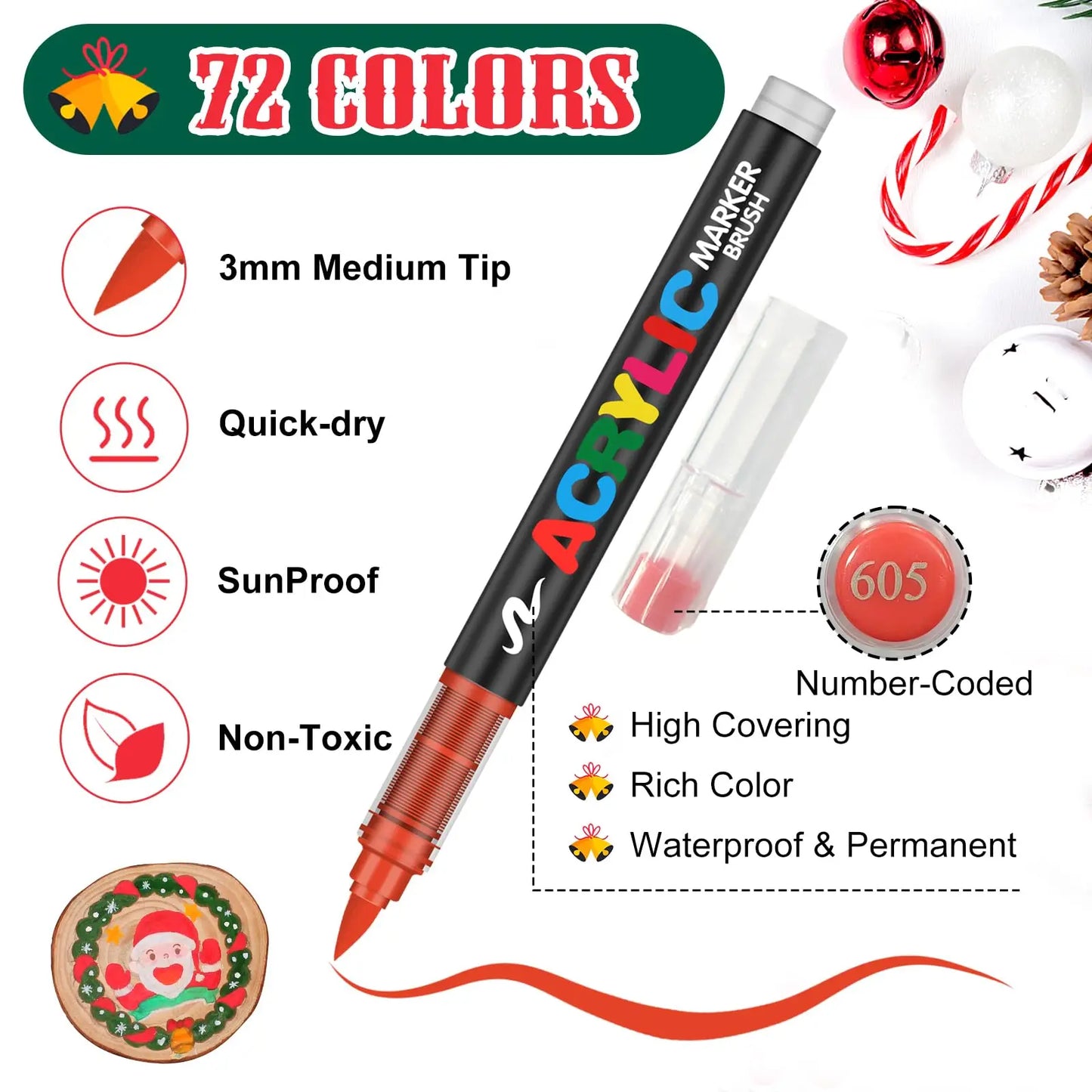 12/120 Colors Paint Markers, Brush Acrylic Paint Pens for Art Supplies Fabric Paint Stone Glass Ceramic Wood Rock Christmas Card