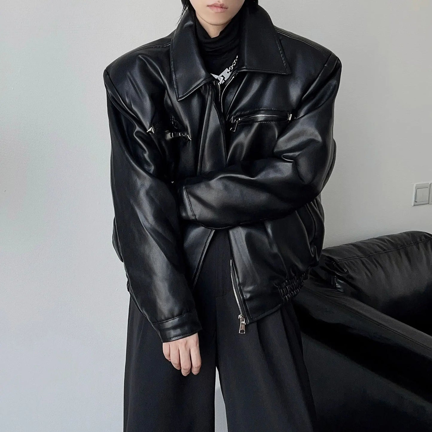 American PU Leather Coat Bomber Jacket Men Autumn Leather Jacket Men's Lapel Zipper Biker Jacket Men Clothing Coat Streetwear