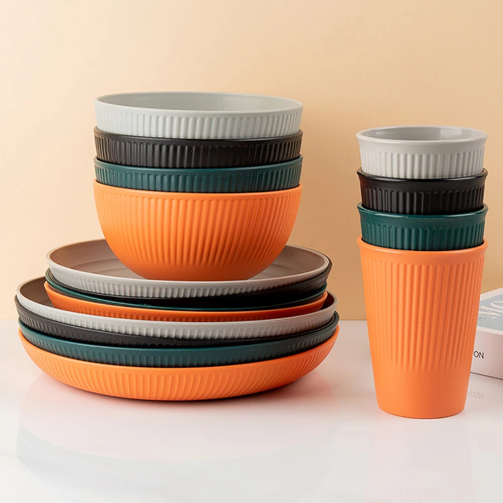 Orange 4/16Pcs Wheat Straw Dinnerware Ramen Bowl Dishes Full Plates Tableware Set Bowl Dinner Dishes Set Camping Dishes Sets