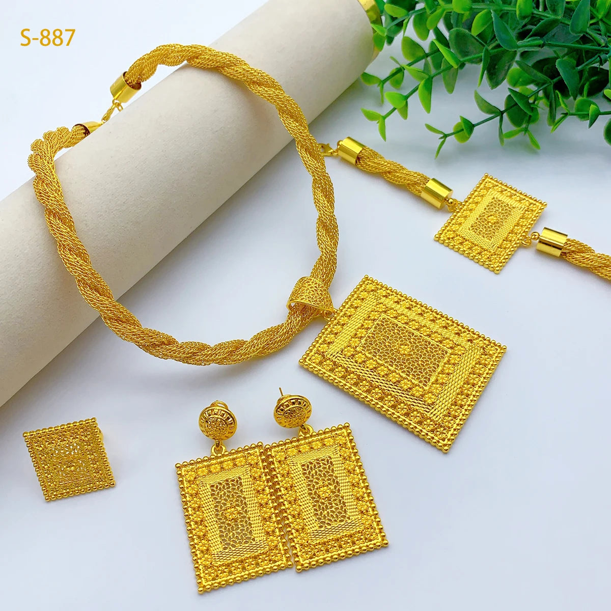 Luxury Dubai Rectangle Necklace And Earrings Jewelry Sets For Women Ethiopian Indian Bridal 24k Gold Color Set Wedding Party
