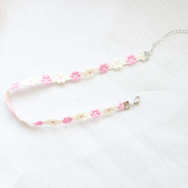 Fashion Women's Choker Necklace Lovely Gothic Pink Lace Pearl Pendant Elastic Short Clavicle Necklace Jewelry Gift For Girls