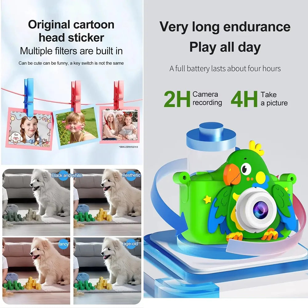 Kids Toys Camera HD 2.0 Inch Screen Cartoon Parrot Case 32GB Card Video Photo Child Birthday Festival Gifts Digital Camera Toys