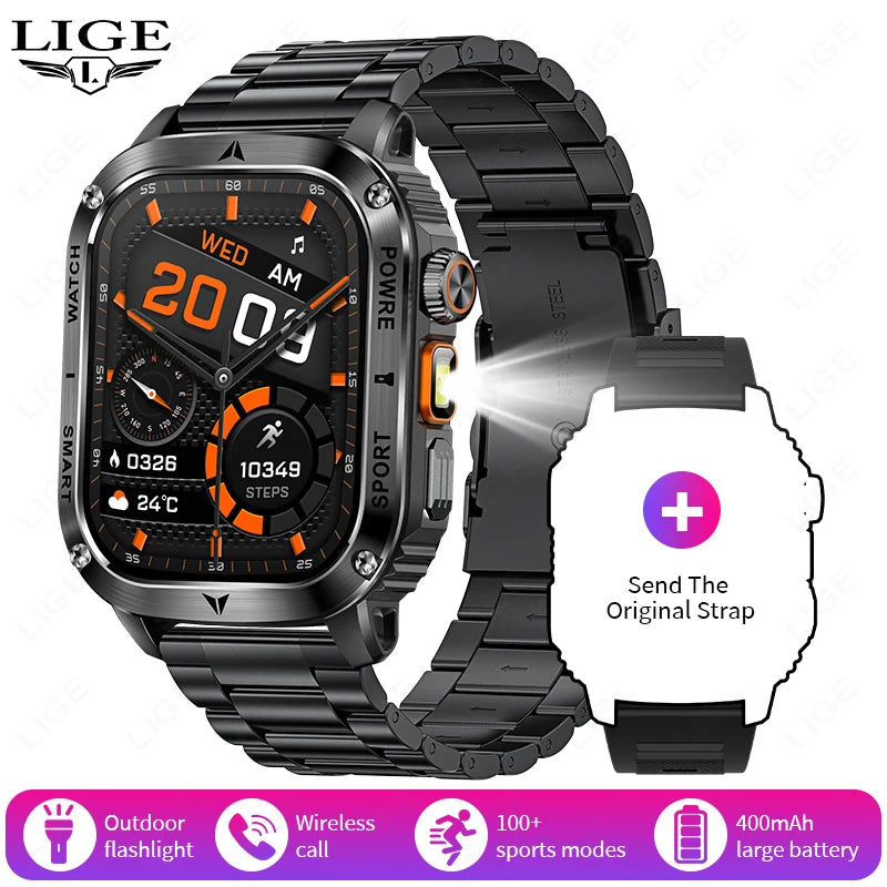 LIGE New Premium Military Smart Watch Men Flashlight Waterproof Outdoor Sport Tracker Bluetooth Call Smartwatch 400mAh Battery