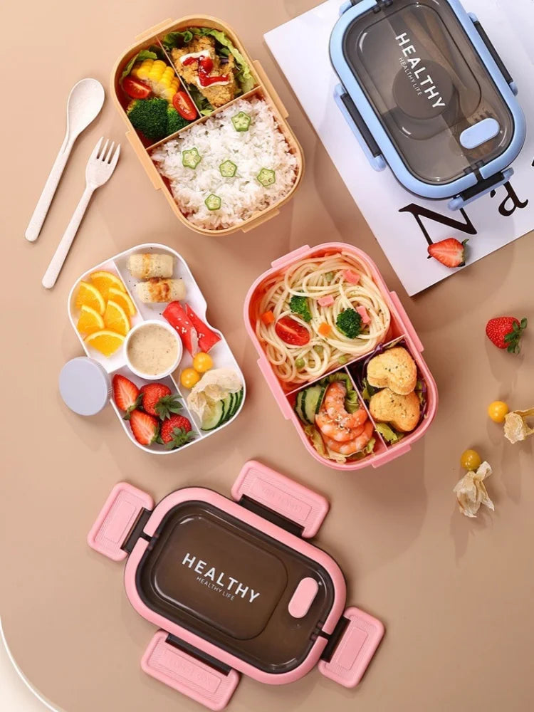 1200ML Double Layer Lunch Box Portable Compartment Salah Fruit Food Box Microwave Lunch Fork and Spoon Picnic Fresh Box