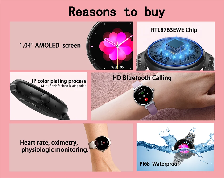 Bluetooth Call Smart Watch Screen Always Display 1.04 inch AMOLED Screen Fashion Ladies Smartwatch Metal Body Small Screen Watch