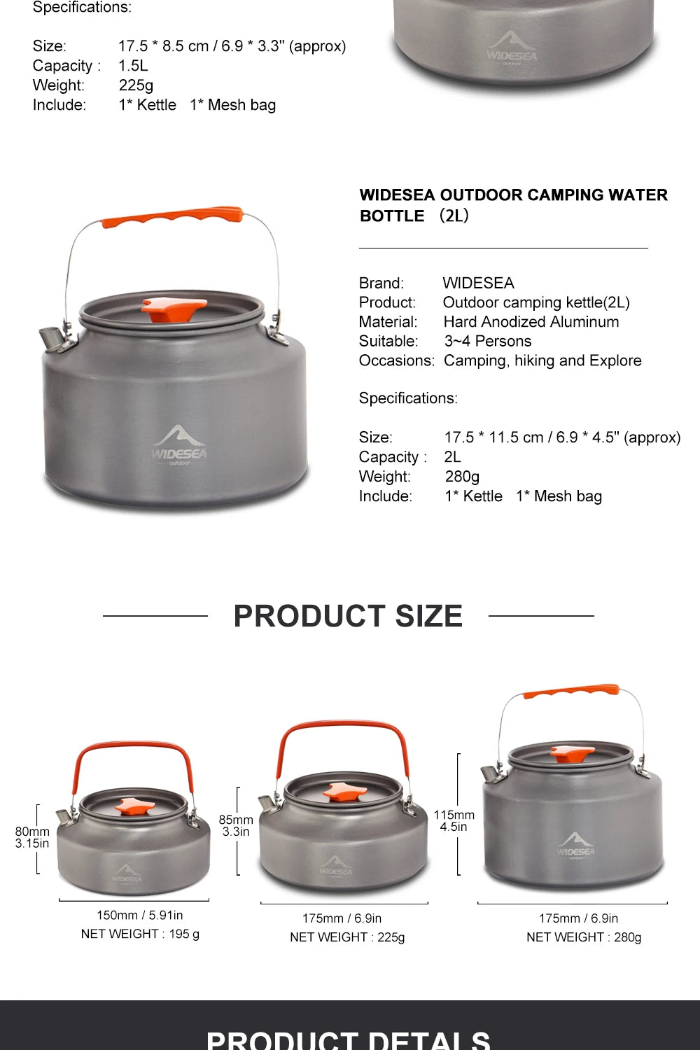 Widesea 1.1L 2L1.5L Camping Water Kettle Outdoor Coffee Kettle Tableware Picnic Set Supplies Equipment Utensils Tourism Cookware