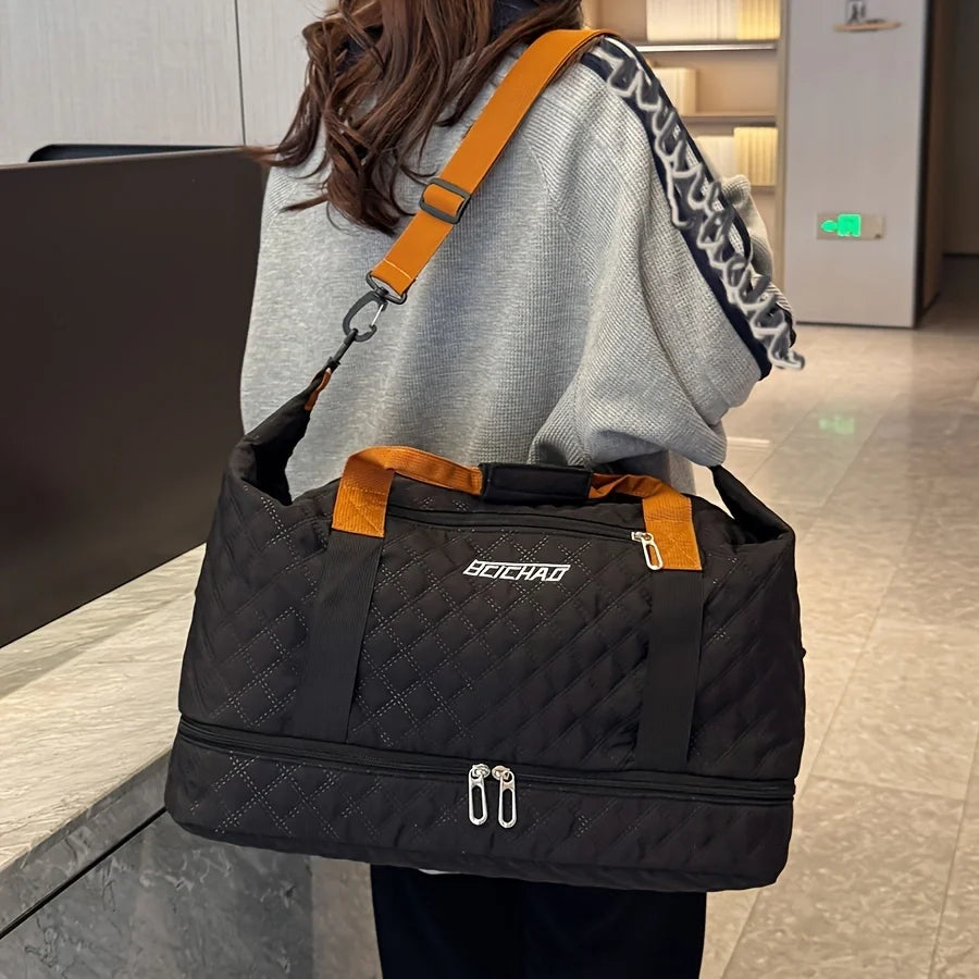 Nylon Travel Duffle Bag with Shoe Compartment, Large Capacity Argyle Pattern Casual Weekender Overnight Gym Storage Bag
