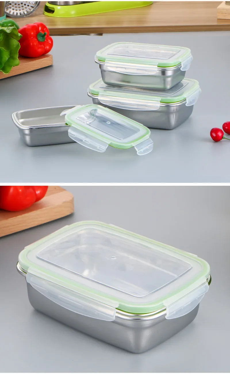304 Stainless Steel Fresh-keeping Box Sealed Leak Proof Lunch Box Fruit Box with Lid Dumpling Container Refrigerated Storage Box