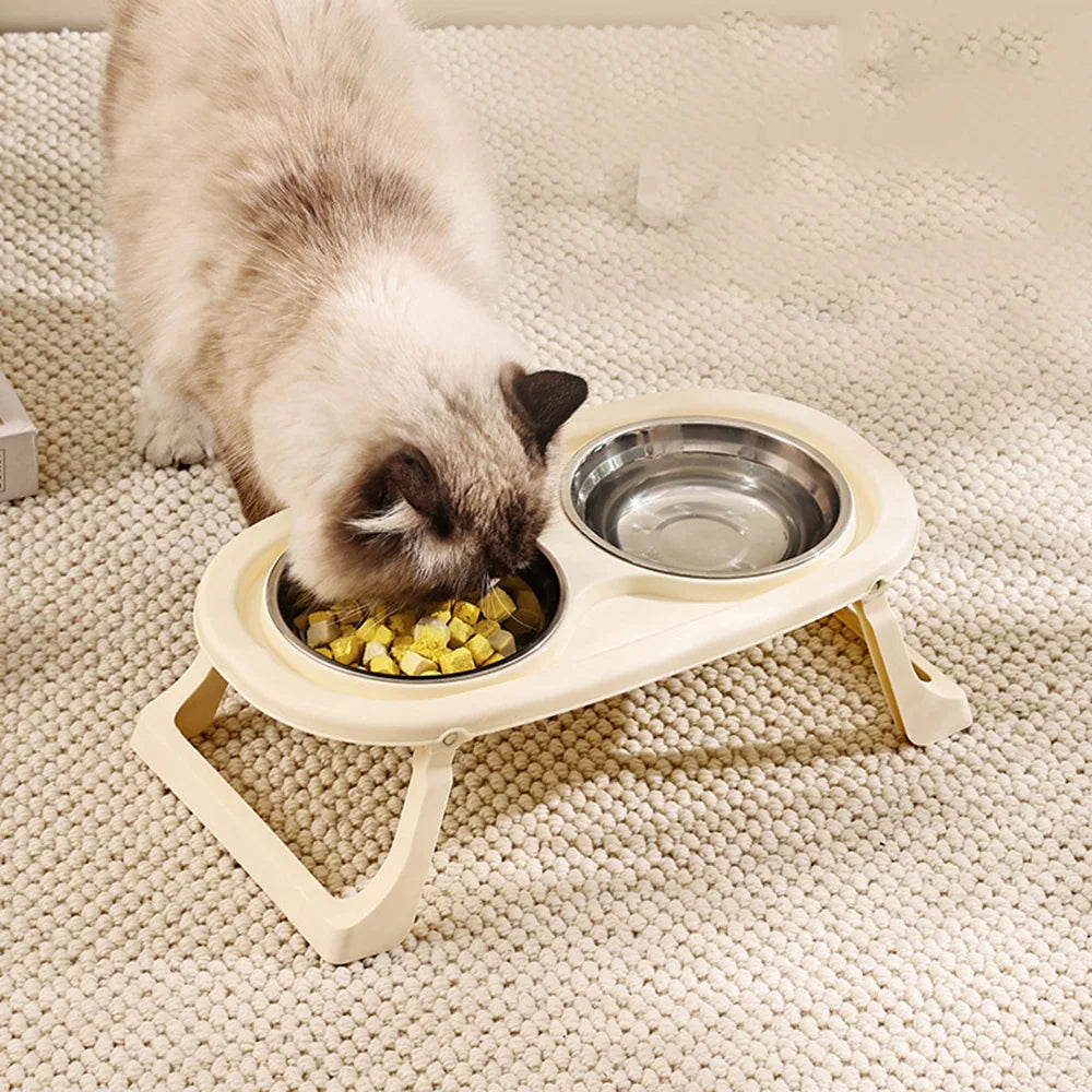 Pet Bowl Double Bowl: Elevated Foldable Design for Cats & Dogs, Anti-Spill, Large Capacity, Cat Food Bowl Dog Feeding Plate