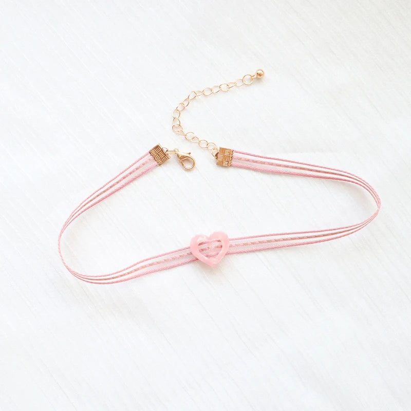 Fashion Women's Choker Necklace Lovely Gothic Pink Lace Pearl Pendant Elastic Short Clavicle Necklace Jewelry Gift For Girls