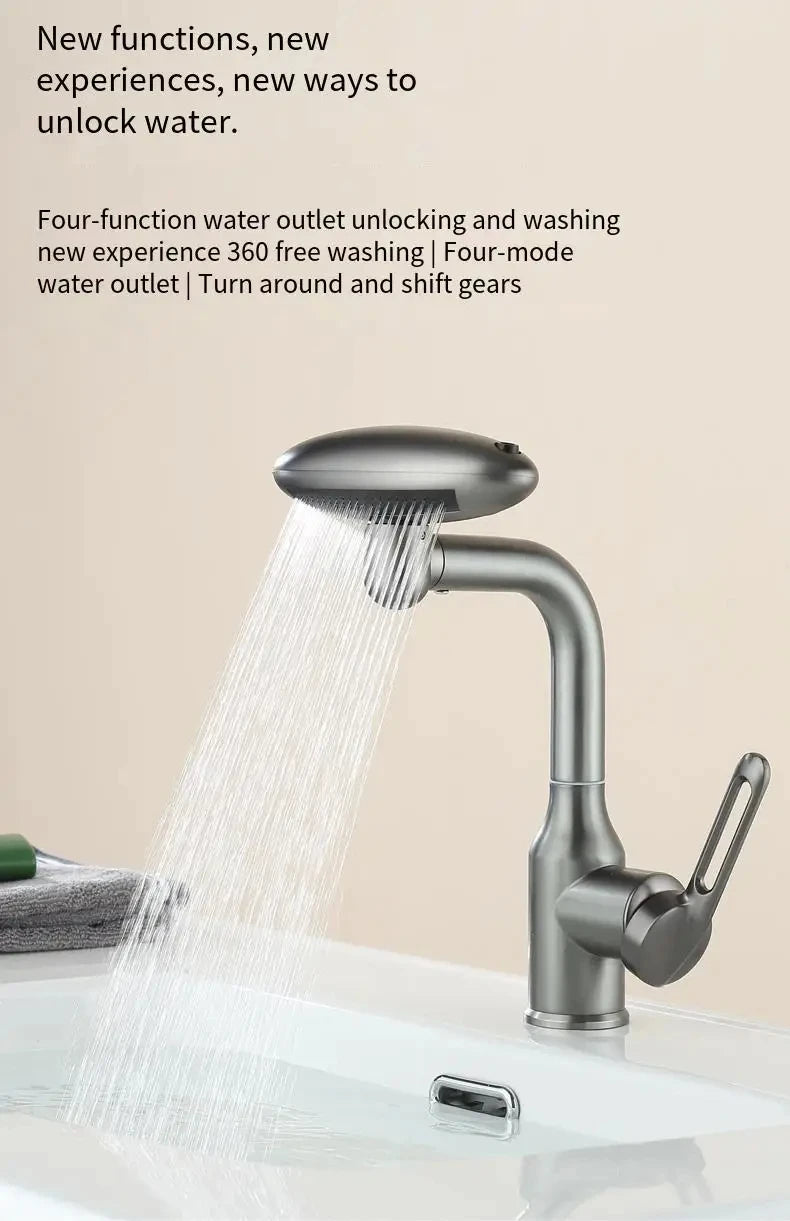 Torneira multifuncional para cascata, 4 modo de saída de água, torneira de pulverização, Rotação 360 °, água quente e fria, mist