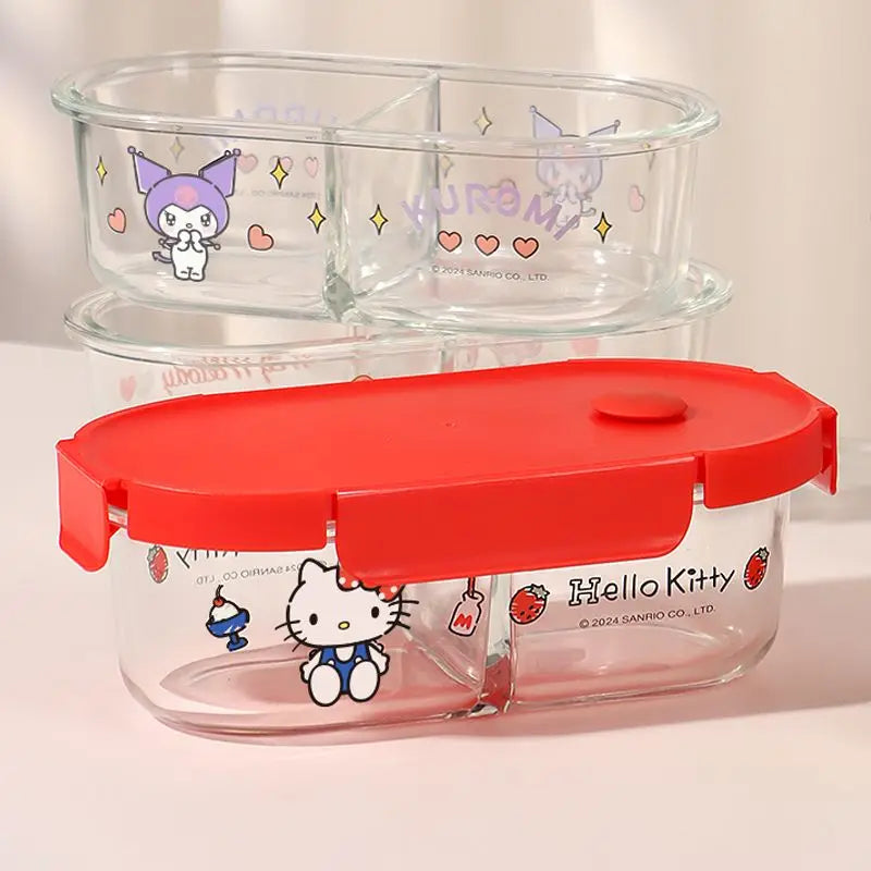 Sanrio Kawaii Hello Kitty Glass Lunch Box My Melody Kuromi Anime Cartoon Sweet Microwaveable Sealed Soup Bowls with Separate Lid