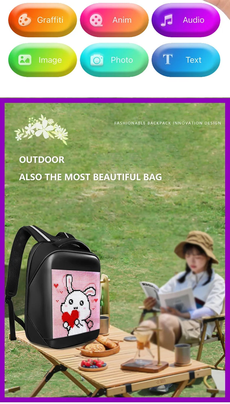 Fashion Custom APP Programmable Smart Led GIF Picture Advertising Backpack
