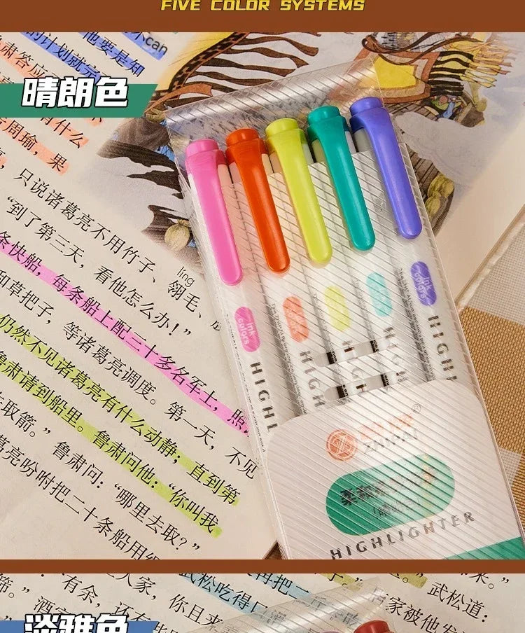 5 Colors/box Double Headed Highlighter Pen Set Fluorescent Drawing Markers Highlighters Pens Art Japanese Cute Pastel Stationery