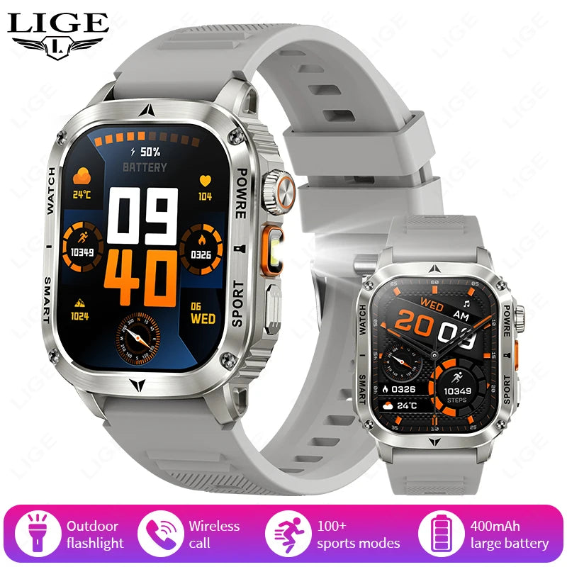 LIGE New Premium Military Smart Watch Men Flashlight Waterproof Outdoor Sport Tracker Bluetooth Call Smartwatch 400mAh Battery