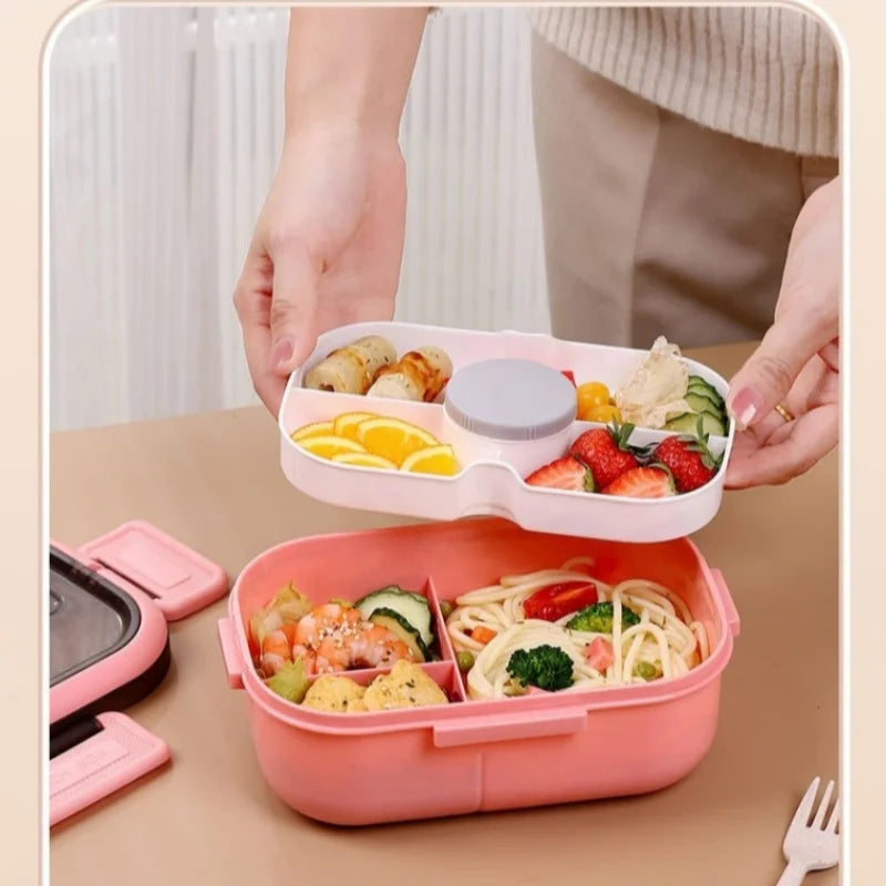 1200ML Double Layer Lunch Box Portable Compartment Salah Fruit Food Box Microwave Lunch Fork and Spoon Picnic Fresh Box