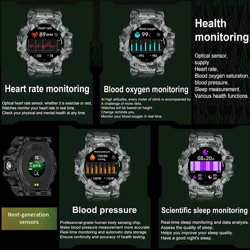 2025 Rugged Sport Smart Watch Bluetooth Calls Colorful Waterproof Military Smartwatches with Flashlight SOS COMPASS for Phone