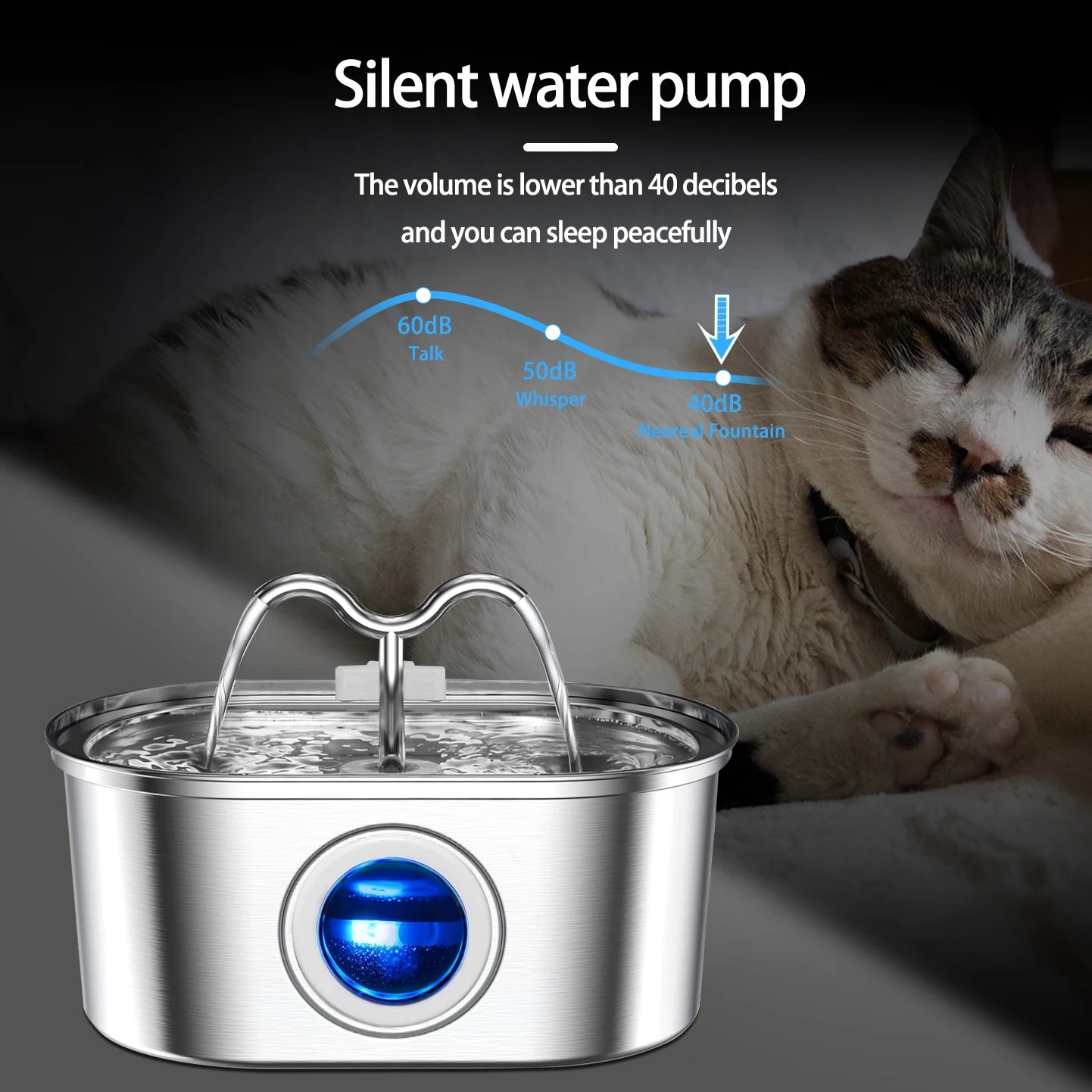 108oz/3.2L Cat Water Stainless Steel Pets Dispenser With LED Light Silent Pump Automatic Fountain For Cat Dog Drinking Bowl
