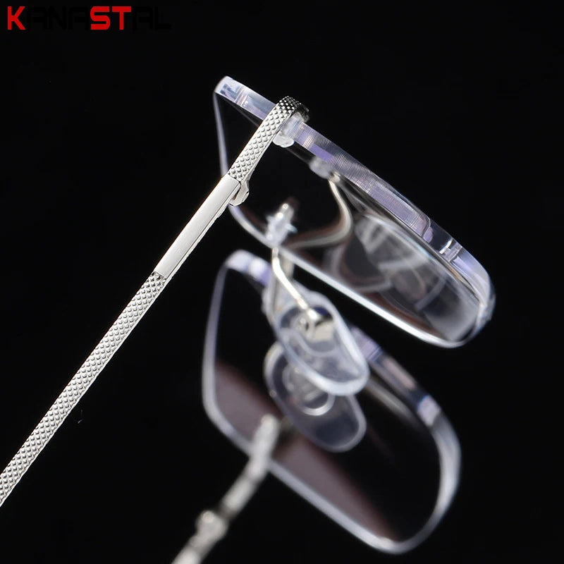 Men's Anti Blue Light Blocking Reading Glasses Cut Frameless Metal HD Lens Eyewear Women Prescription Presbyopic Glasses +400