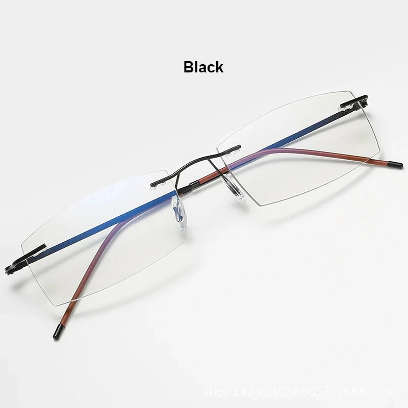 Men's Anti Blue Light Blocking Reading Glasses Cut Frameless Metal HD Lens Eyewear Women Prescription Presbyopic Glasses +400