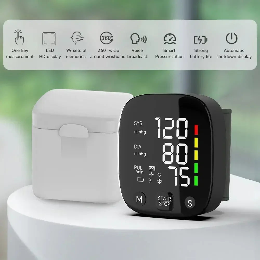 Blood pressure monitor bag New LED Rechargeable Wrist Blood Pressure Monitor English Voice Broadcast Tonometer BP Monitor