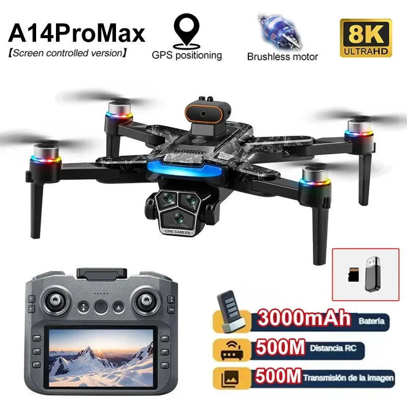 Drone A14ProMax GPS 4KHD Camera LCD Touch Screen Remote Control Quadcopter 360 ° Obstacle Avoidance Brushless RC Drone Toys