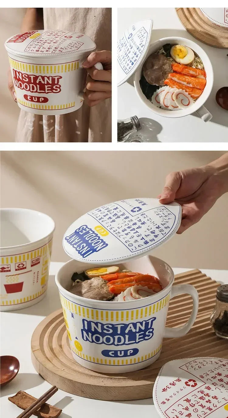 1pc Large Capacity Ceramic Instant Noodle Bowl with Cover,Perfect for Dorms and Home Kitchens - Keep Your Noodles Fresh and Warm