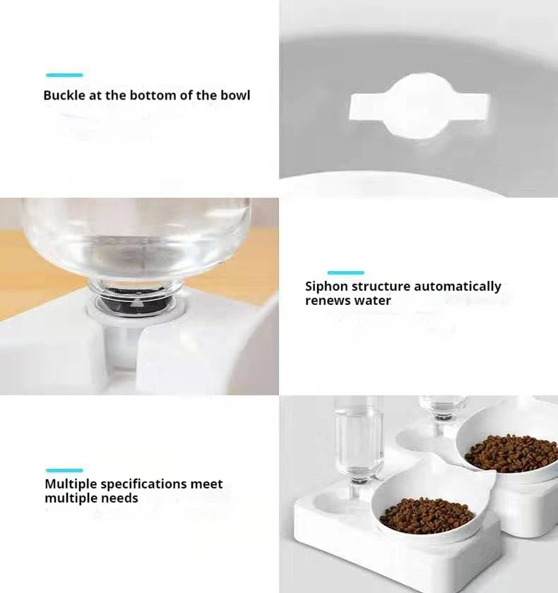Double Dog Cat Bowls Water and Food Bowl Tilted15 Degrees Raised Cat Bowls with Automatic Water Bottle-Pet Feeder