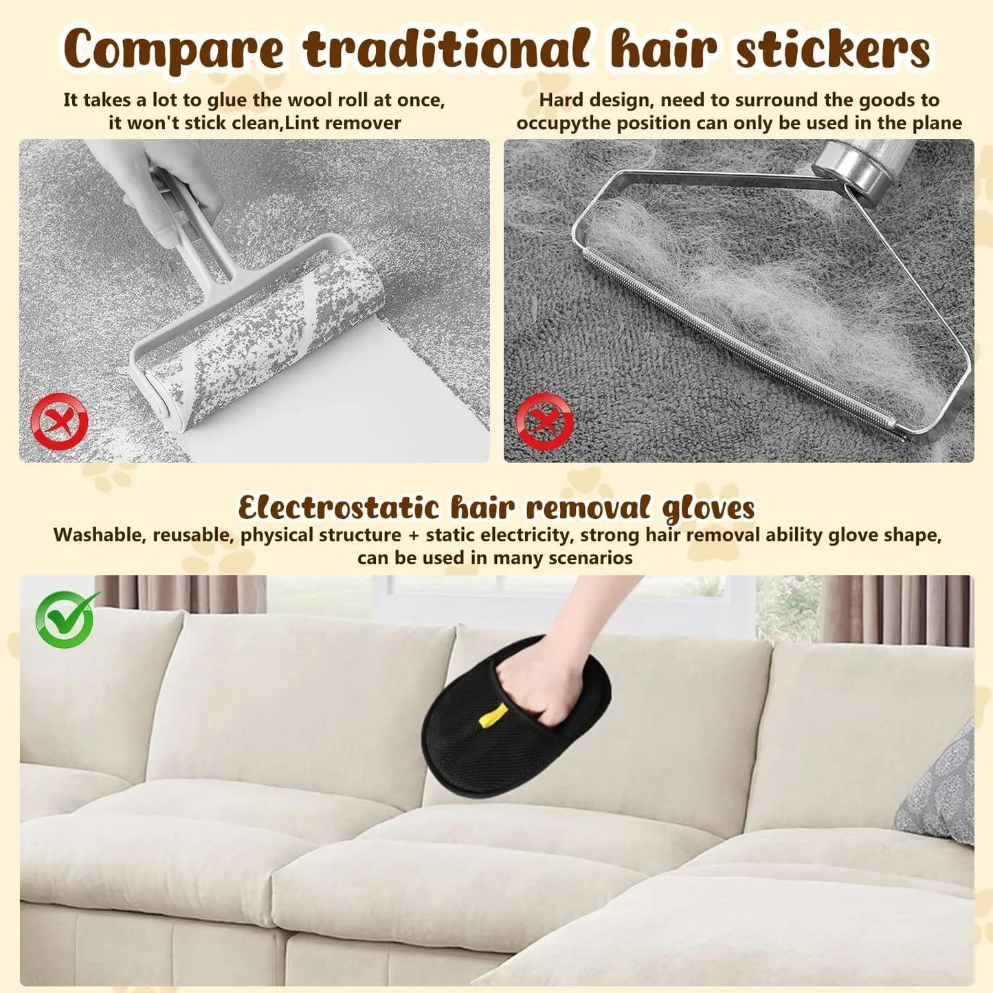 1/2PCS Pet Hair Remover Glove Double-Sided Fur Gloves Cat Dog Fur Magnet Gloves for Washing Deshedding Cleaning Carpets Sofas
