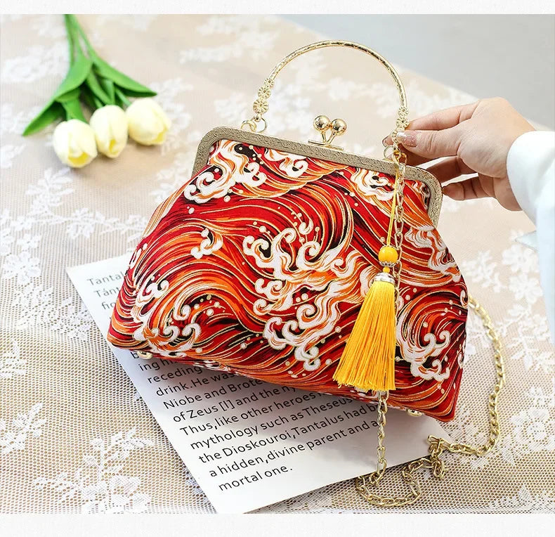 Fashion Vintage Fringe Bag Small Shell Bags Chain Women Shoulder Crossbody Bag Crane Flying Women's Handbags Purses Embroidery